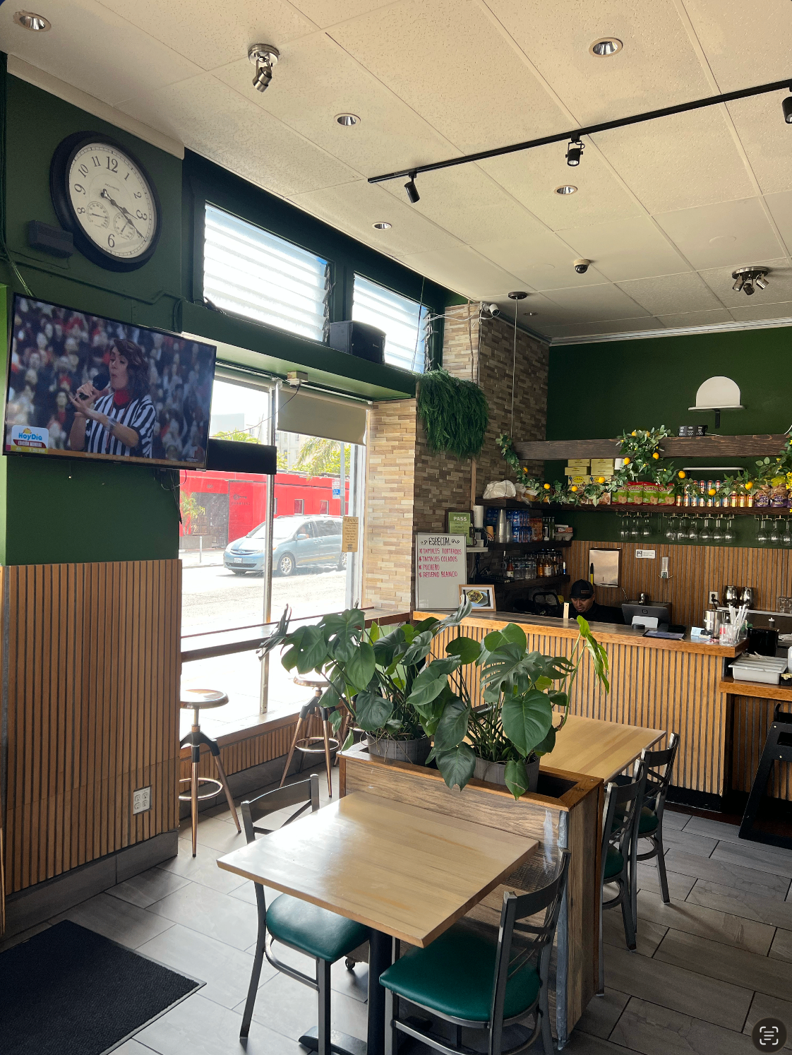 Window seating with plants, TV and street view