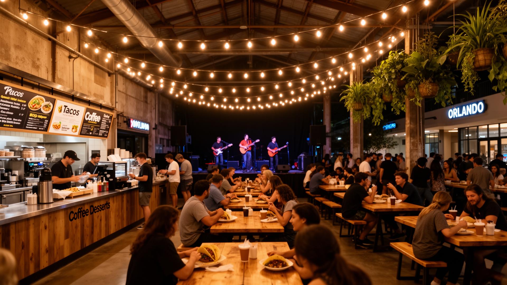 Food court at night with live music and string lights