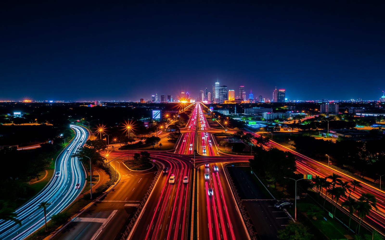 Busy Orlando avenue at night with light trails