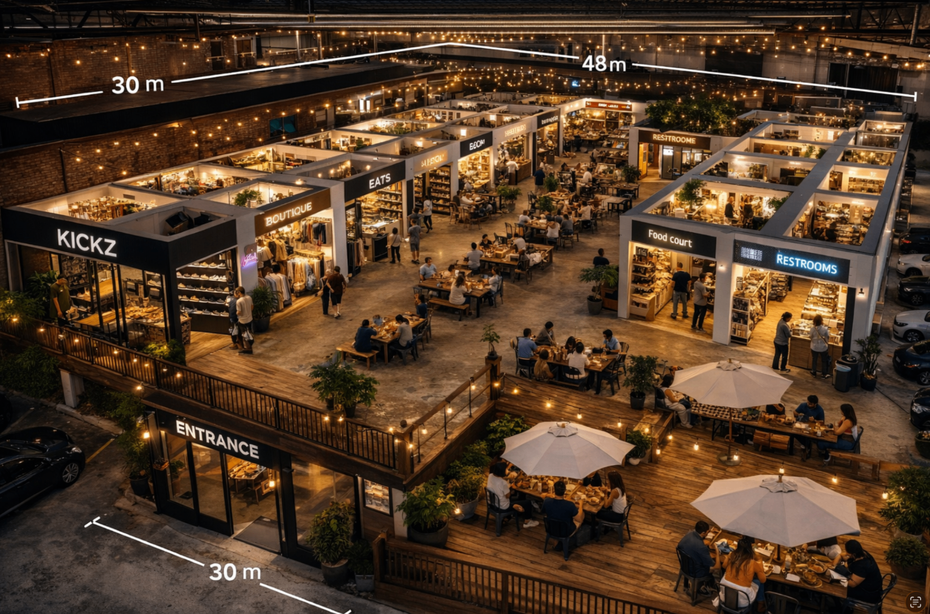 Aerial view of Colonial District marketplace at night with string lights