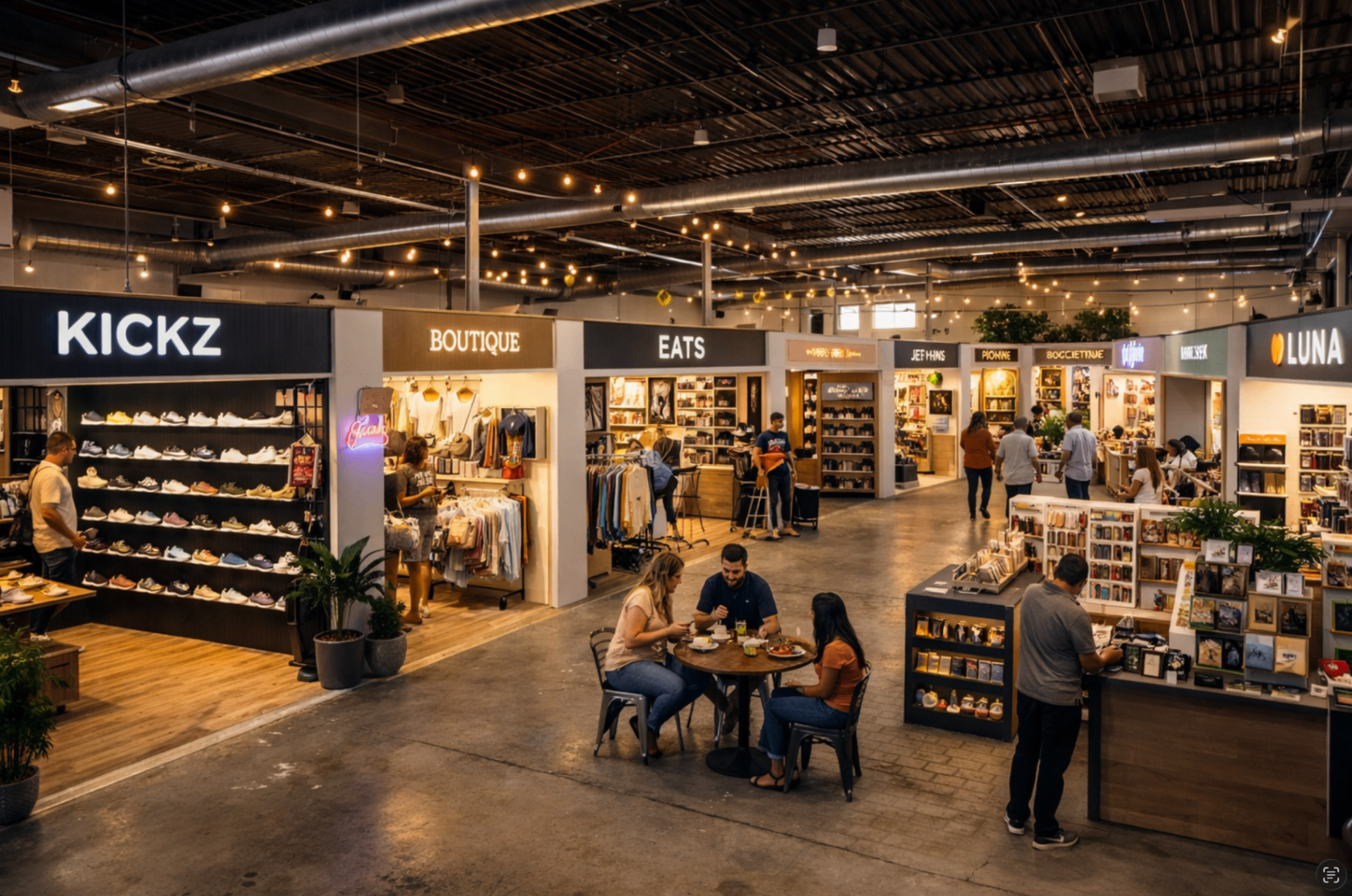 Inside view of micro-stores: Kickz, Boutique, Eats and Luna